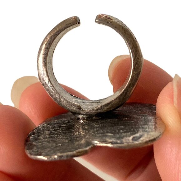 Vintage adjustable 90s Cyclope Floral ring silver tone preloved jewelry - Picture 2 of 7